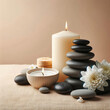 © HoneyStock - Zen stones, candles and white flower on beige background witn copy space, wellness and harmony, massage and bodycare, spa and wellness con