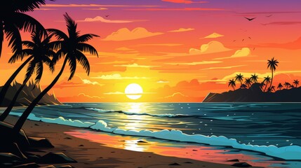 Wall Mural - Beautiful sunset over a tropical beach, with stunning colors in the sky, palm trees swaying gently in the breeze, and waves lapping at the shore's edge.