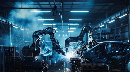 Wall Mural - Industrial Robots Welding a Car Chassis in a Factory