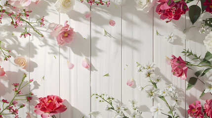 Poster - Festive flower composition on the white wooden background Overhead view : Generative AI