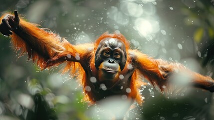 Orangutan in the wild. This image shows an orangutan in the wild, in a lush green jungle. The orangutan is in a tree, and is looking at the camera.