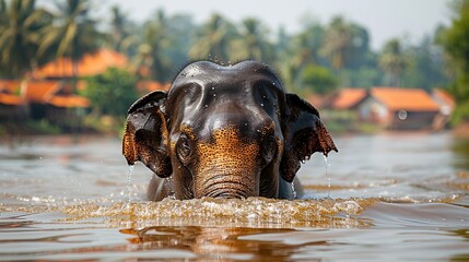 Wall Mural - Elephant swimming in the river on a sunny day