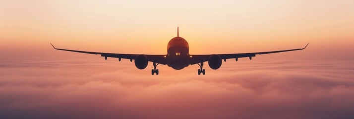 Aufkleber - A silhouette of an airplane in flight against a backdrop of a vibrant sunset sky. Generative AI