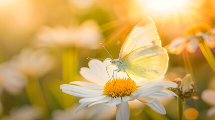 Wall Mural - Beautiful butterfly on a daisy flower in nature outdoors closeup macro in spring or summer in warm yellow colors against the backdrop of sun at sunset Panoramic nature banner : Generative AI