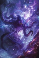Wall Mural - A purple monster with a mouth full of teeth is surrounded by lightning bolts