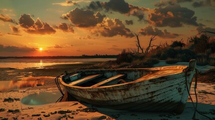 Wall Mural - A boat is sitting on the beach at sunset