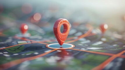 Fototapete - A red location pin on a modern, clean city map. The background is blurred, creating a minimalist and sleek aesthetic perfect for navigation apps and travel services. Generative AI
