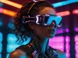 © Krittikarn - Close-up of a woman immersed in virtual reality, wearing a futuristic VR headset with vibrant neon lights in the background.