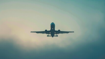 Poster - A minimalist silhouette of an airplane in flight against a hazy sky. Perfect for airlines and flight booking agencies. Generative AI