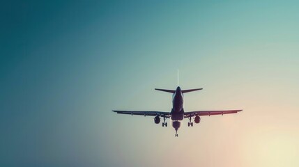 Poster - A minimalistic silhouette of an airplane in flight against a blue sky, perfect for airlines and flight booking agencies. Generative AI