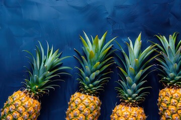 Wall Mural - vibrant yellow pineapples on deep blue background food photography