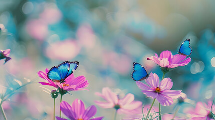 Aufkleber - Blue butterflies flutter over magenta Cosmos flowers in spring summer in nature outdoors in sunlight macro : Generative AI