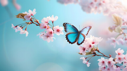 Poster - blossoming sakura branch of blossoming sakura and bright blue morpho butterfly against blue sky copy space : Generative AI