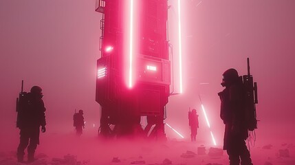 Sticker - A group of people are standing in a pink foggy environment