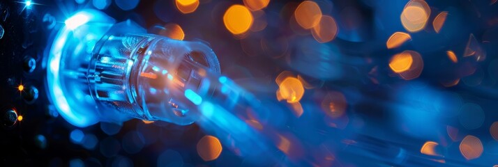 Poster - A close-up of a glowing blue network plug, highlighting its vibrant color and intricate details against a blurred backdrop of warm, golden lights
