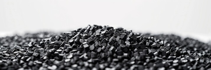 Poster - Close-up photo of black plastic granules against white background, emphasizing texture and depth, showcasing light vs dark contrast