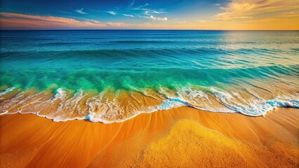 Wall Mural - Golden sands meeting the teal and orange ocean tints wallpaper, beach, sand, waves, ocean, teal, orange, sunset, seashells