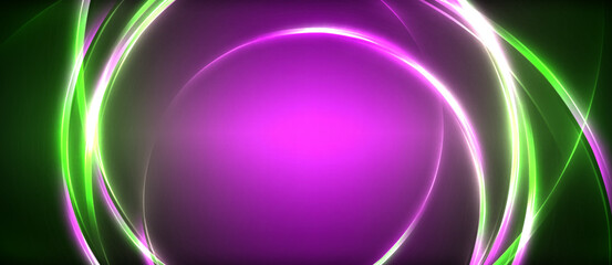 Aufkleber - Neon glowing circle rays, light round lines in the dark, planet style neon wave lines. Energetic electric concept design for wallpaper, banner, background