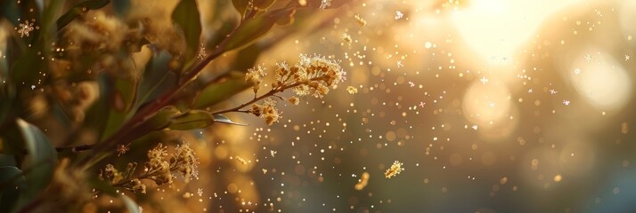 Poster - A close-up photograph captures pollen particles suspended in the air during the golden hour, revealing intricate textures and the play of light