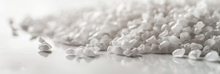 Poster - A close-up photograph of white plastic granules scattered on a smooth surface, creating a minimalist and abstract composition