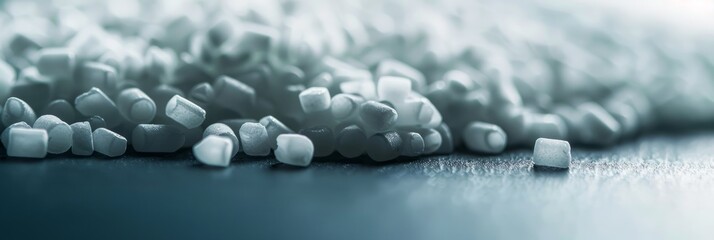 Poster - A close-up image showcasing white plastic granules scattered on a smooth surface, creating a minimalist and abstract composition