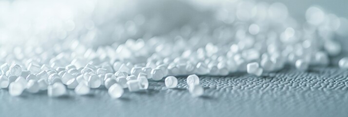Poster - A macro photo of scattered white plastic granules on a smooth surface, creating a minimalist and abstract composition