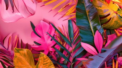 Wall Mural - Colorful tropical summer palm leaves background. Pink and green decorative leaves.