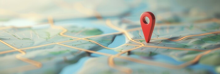 Poster - A modern, clean background featuring a red location pin placed on a detailed map. Perfect for navigation apps and travel services. Generative AI