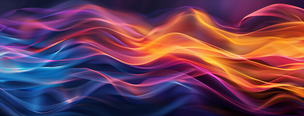 Wall Mural - Dynamic abstract waves featuring a gradient of blue, purple, and orange hues, creating a vibrant and fluid visual effect.