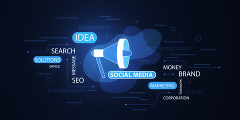 Aufkleber - Creative social media ad hologram with loud speaker and text on dark blue background. SMM and marketing concept. 3D Rendering.