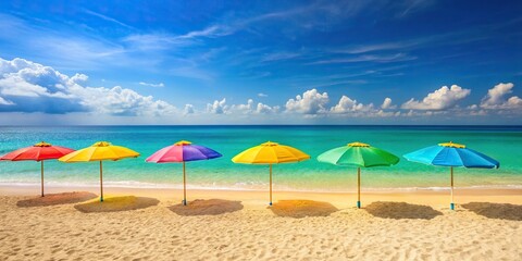 Poster - Vibrant summer beach scene with turquoise water, golden sand, and colorful beach umbrellas, summer, beach, vacation, sunny, relaxation