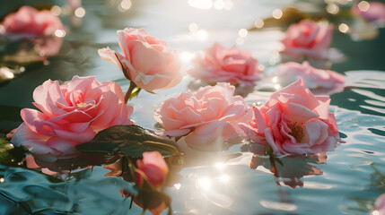 Aufkleber - Summer scene with pink rose flowers in water Sun and shadows Minimal nature background : Generative AI