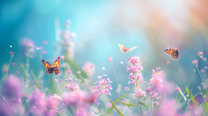Poster - Floral spring natural landscape with wild pink lilac flowers on meadow and fluttering butterflies on blue sky background Dreamy gentle air artistic image Soft focus author processing : Generative AI