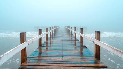 Wall Mural - Misty Morning Pier with Wooden Planks Leading into the Fog. Generative AI	