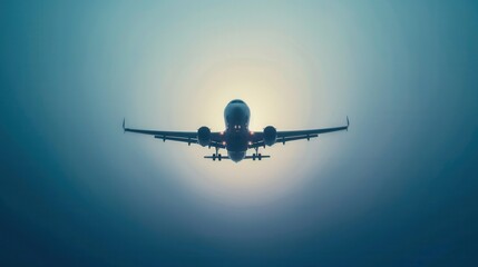 Poster - A minimalist silhouette of an airplane in flight against a clear blue sky. The image is sleek and modern, perfect for airlines or flight booking agencies. Generative AI