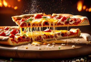 Wall Mural - delicious pizza gooey cheese pull, melted, stretchy, tasty, appetizing, savory, italian, food, meal, snack, lunch, dinner, baked, homemade, fresh, stringy, culinary