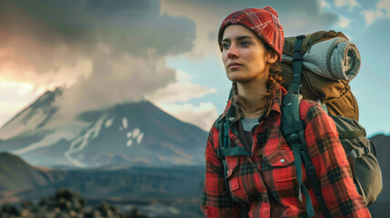 Wall Mural - A woman traveler with a backpack stands against the backdrop of an erupting volcano.