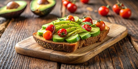 Delicious avocado on toast with sliced avocado and cherry tomatoes on wooden table, avocado, toast, breakfast, healthy, food