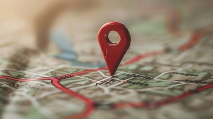 Fototapete - A red location pin stands out against a detailed map, showcasing the concept of navigation and exploration. Generative AI