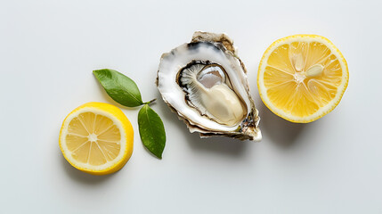 Wall Mural - lemon and oyster on white background