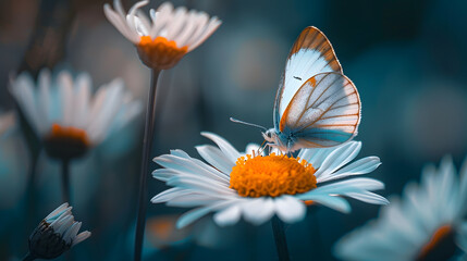 Canvas Print - Beautiful butterfly on a daisy flower in nature outdoors close up macro in spring or summer : Generative AI