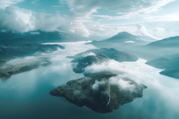 Poster - Misty Morning Over a Serene Lake and Mountain Ranges