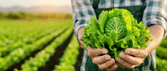 Sticker - A man is holding a head of lettuce in a field