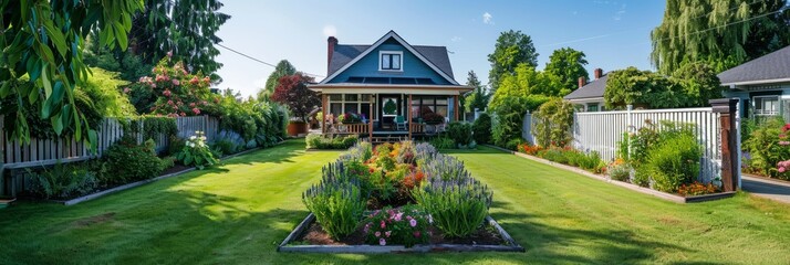 Wall Mural - A front view of a charming suburban home with a well-maintained garden and white picket fence