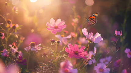 Poster - Wild pink flowers bathed in sunlight in field and two fluttering butterfly on nature outdoors soft selective focus closeup macro Magic artistic image : Generative AI