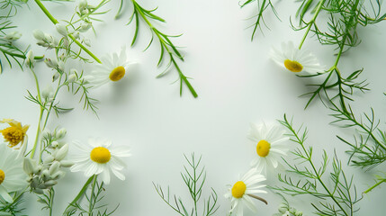 Canvas Print - floral frame with chamomile flower and green branches Flat lay top view : Generative AI