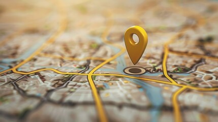 Poster - A close-up of a clean, modern city map featuring a yellow location marker pin. The pin is prominently placed, signifying a specific location. Generative AI