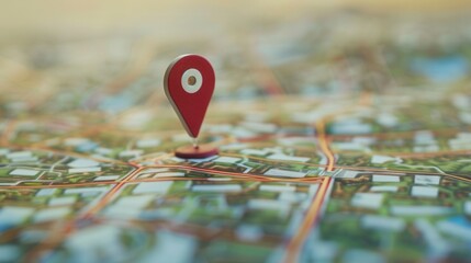 Poster - A close-up of a modern red location pin placed on a detailed city map, representing a specific location or destination. Generative AI