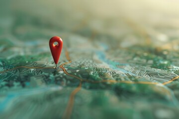 Poster - a minimalist image of a red location pin placed on a green map with a blurred background showing a r