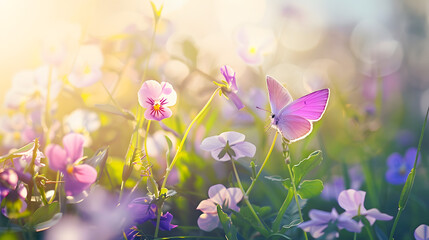 Poster - Purple butterfly on wild white violet flowers in grass in rays of sunlight macro Spring summer fresh artistic image of beauty morning nature Selective soft focus : Generative AI